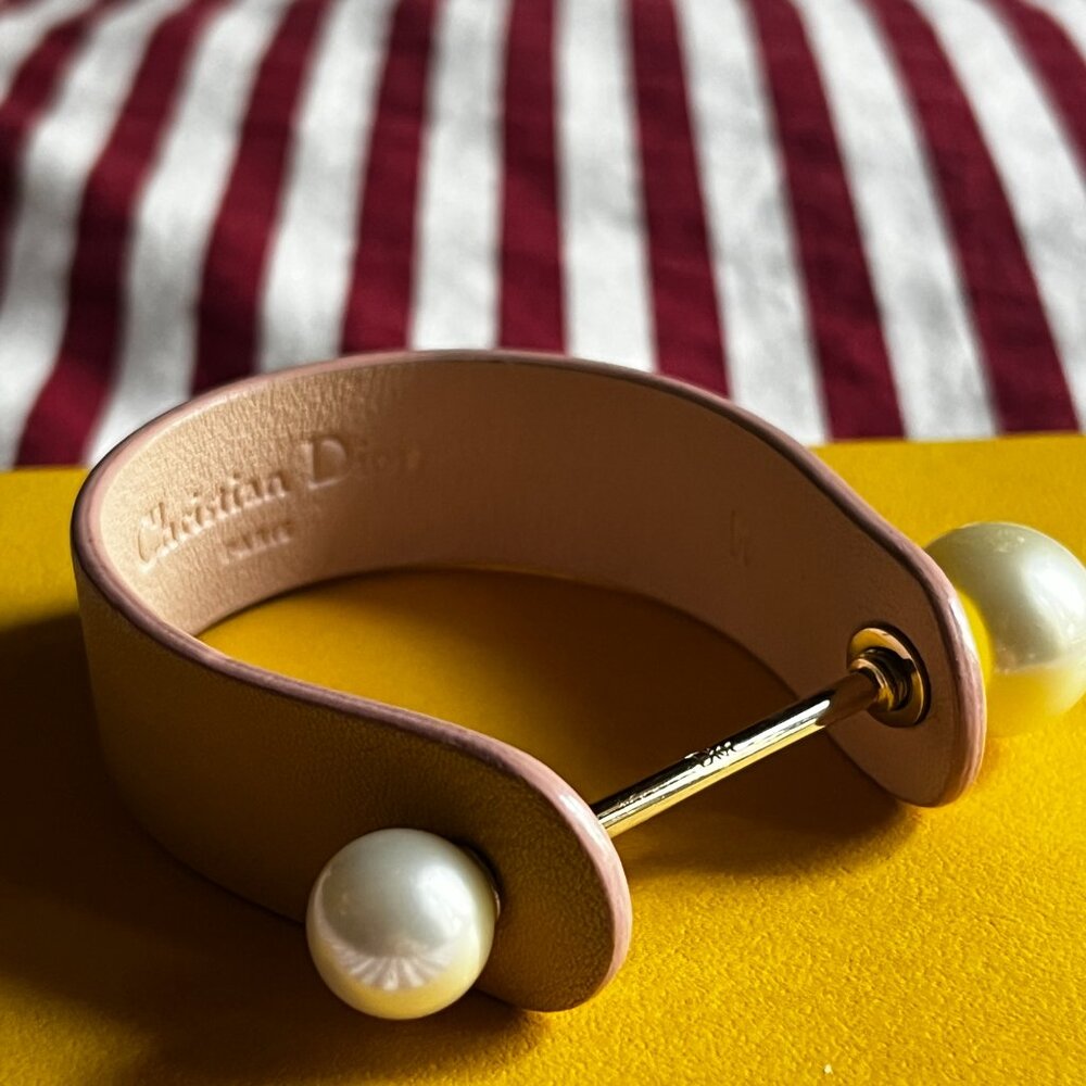 Christian Dior Pink Leather Pearl Cuff Bracelet Gold Hardware Made in Italy